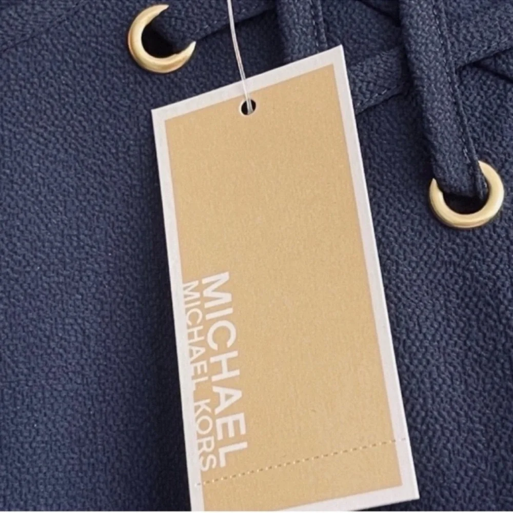 NEW Michael Kors Short Sleeve Crepe Blouse Laced Detail Navy Blue Gold Size M